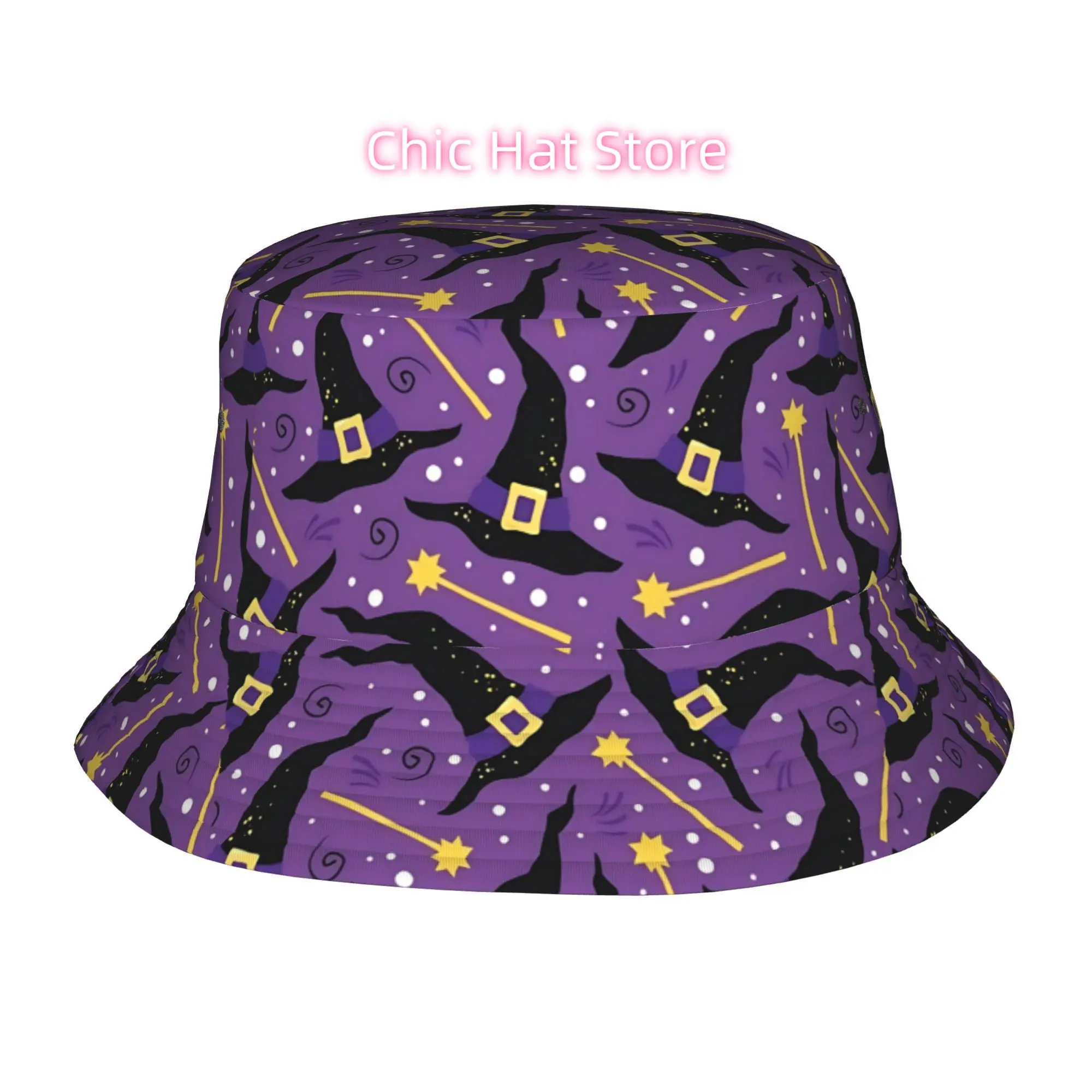 1pc Wizard Witch Hat & Wand - Wide-Brimmed Magic Party Hat with Golden/Purple/Pink/Grey/Golden Accent - Machine Washable - Perfe