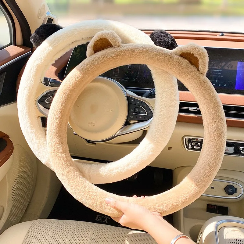 

2023 New Car Steering Wheel Cover Winter Plush Cute Ears Women's Decorative Heated Car Handlebar Cover Car Accessories Interior
