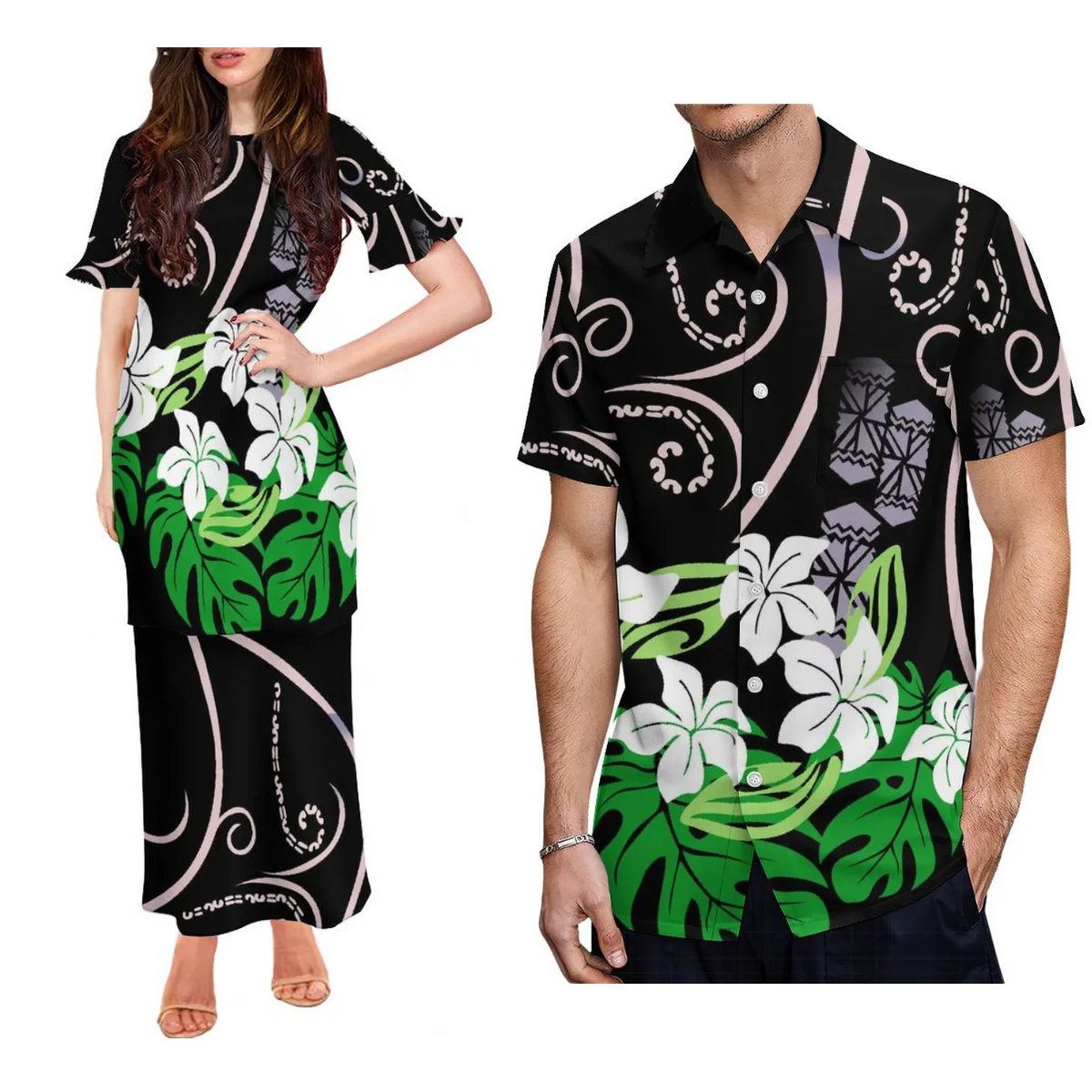 

Summer Women'S Ruffled Sleeve Dress Samoan Party Dress With Men'S Shirt Polynesian Design Couple Suit