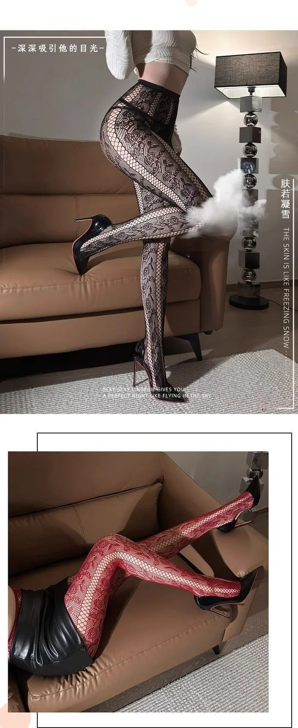 جوارب الحرير الوردية الحمراء جوارب مثيرة لامعة خمر جوارب سوداء مجوفة شبكة Bodysuitssocks النساء موضة أسفل جوارب طويلة #6