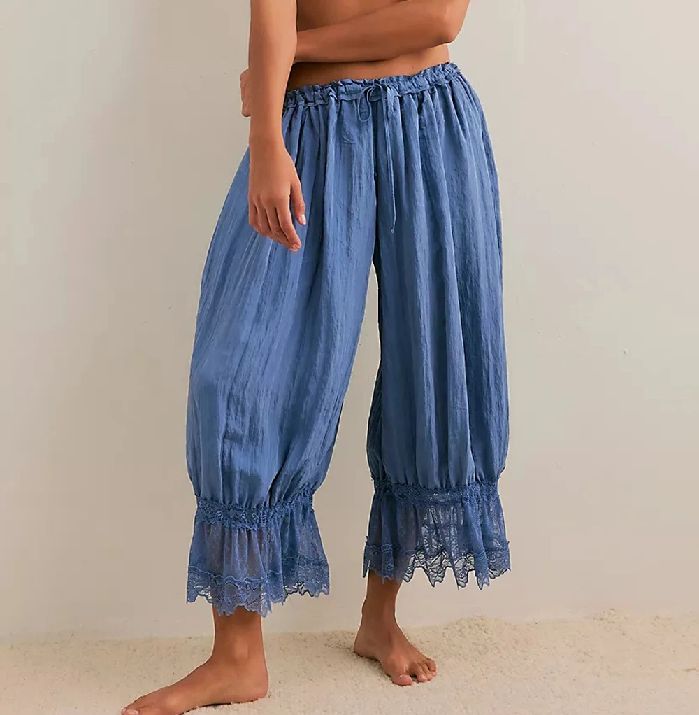 Women's Lace Trim Elastic Waist Bloomers Loose Lantern Cropped Pants Casual Drawstring Sleepwear Pajama Bottoms