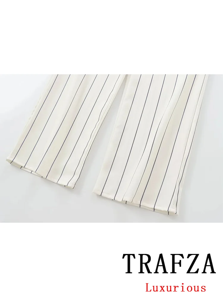 TRAFZA Vintage Casual Chic Women Suit Striped Fold Sleeveless Top Long Straight Pants New Fashion 2024 Holiday Autumn Suits