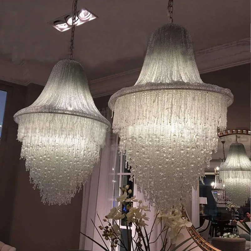 2026 New Large Tassel Crystal Chandelier For Foyer Living Room Decorative Lamp Flashing Colorful Light Beaded