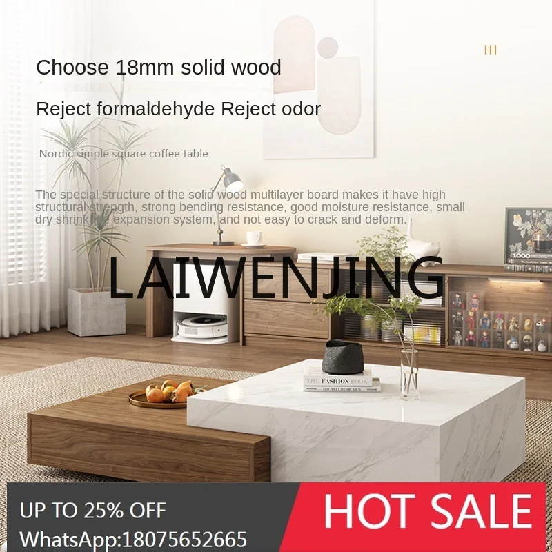 NordicAntiqueStyleLiving Room Solid Wood Stone Plate Retractable Coffee Table TV Cabinet Combination Simple Small Apartment Home