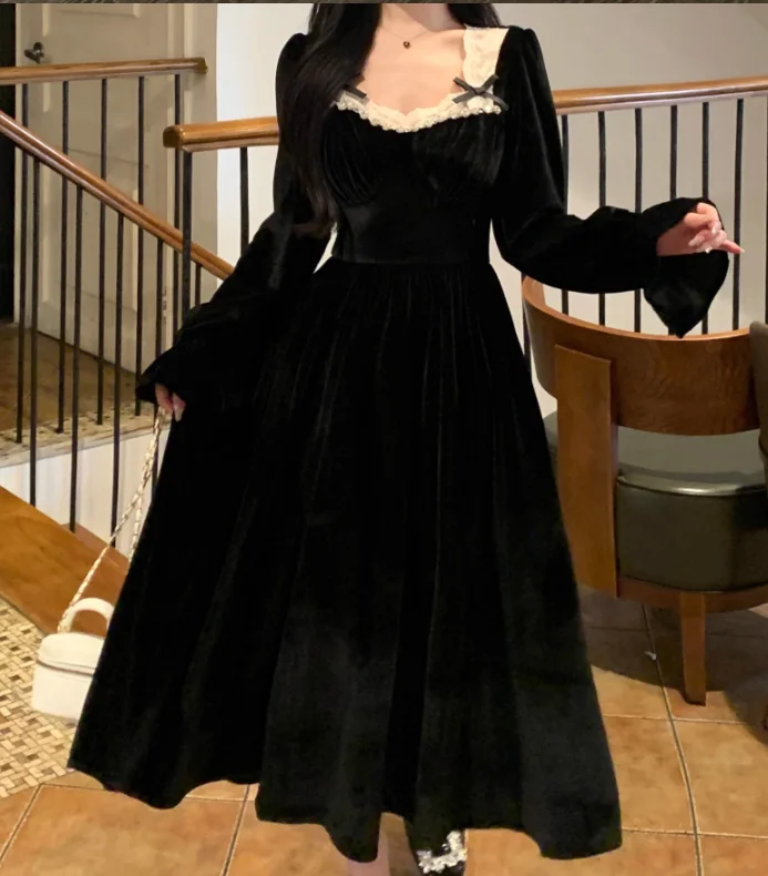 Abito autunnale in velluto da principessa di corte francese di grandi dimensioni a vita alta a trapezio versatile riduzione dell'età eleganti abiti neri a maniche lunghe