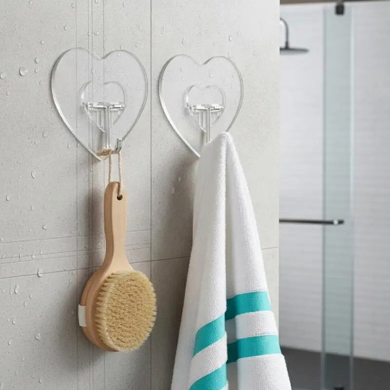 20/40/60pcHeart Shape Transparent Hooks Non Punching Plastic Love Hangers Holder Self Adhesive Key Towel Multi-Purpose Hooks