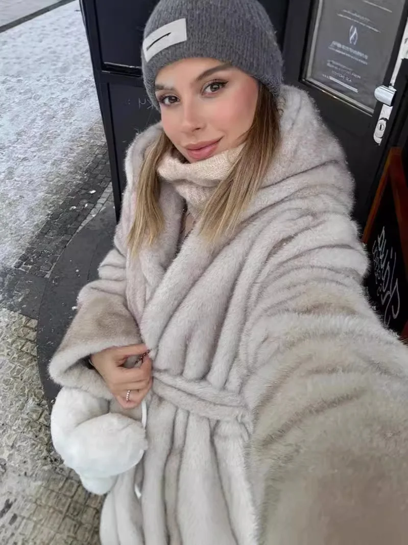 Elegant Belted Faux Mink Fur Coat Women 2024 Winter Beige Gradient Furry Fur Jacket Luxury Brand Hooded Warm Outerwear Overcoat