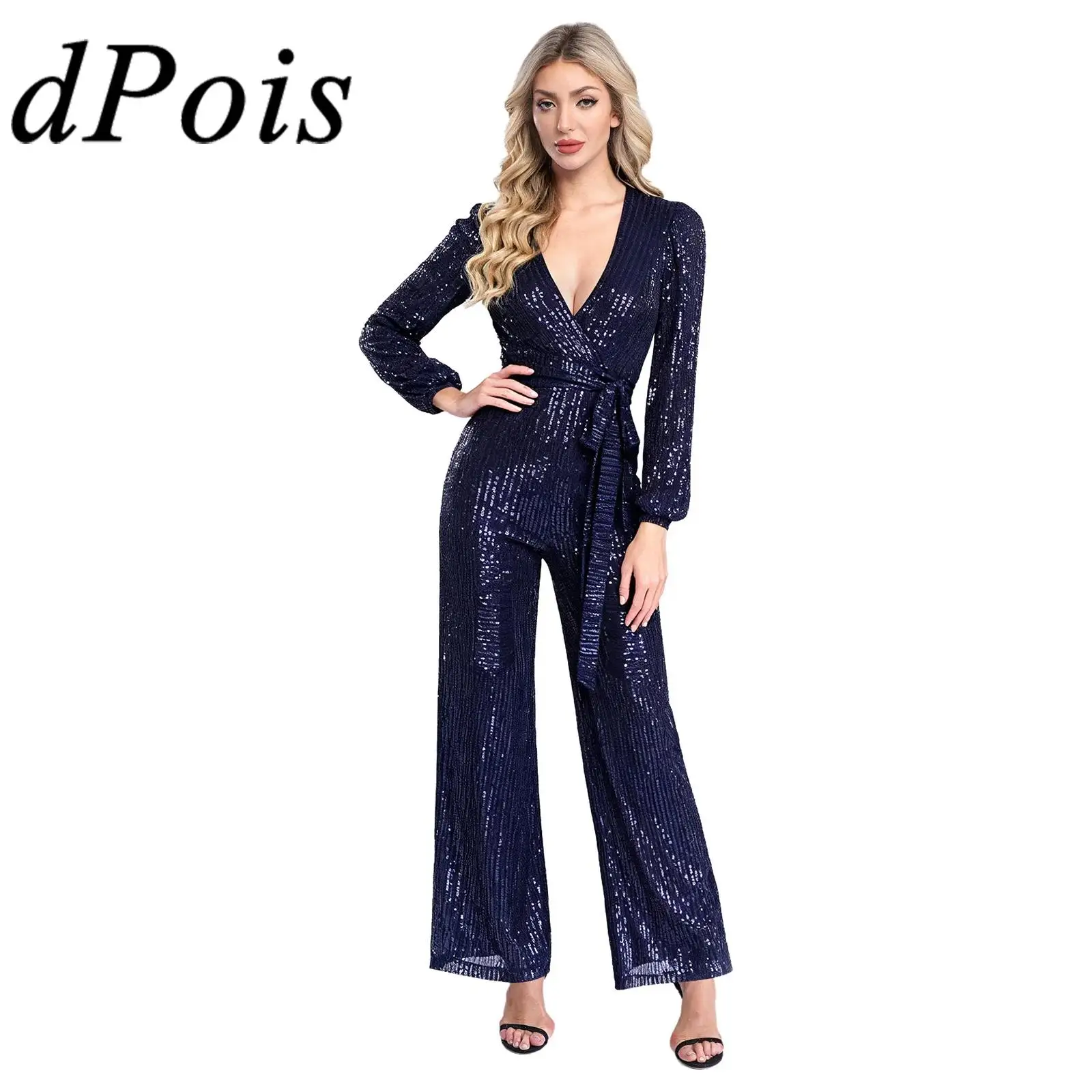 

Женский нарядный комбинезон с глубоким v-образным вырезом и длинными рукавами, блестящий комбинезон с пайетками для ночного клуба, банкета, свадьбы, коктейля, вечеринки, комбинезон