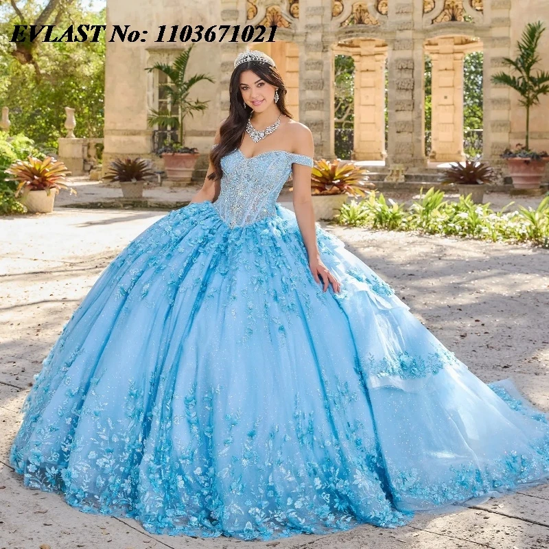 EVLAST Customized Blue Quinceanera Dress Ball Gown Off Shoulder 3D Lace Applique Beading Corset Sweet 16 Birthday Gown SQ272