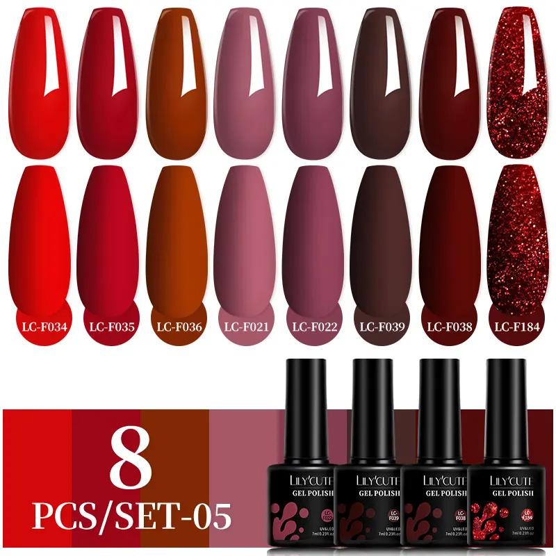 LILYCUTE 8Pcs/Set 7ml Red Gel Nail Polish Matte Color Nail Supplies Semi Permanent Nail Art Manicure Soak Off LED UV Varnishes