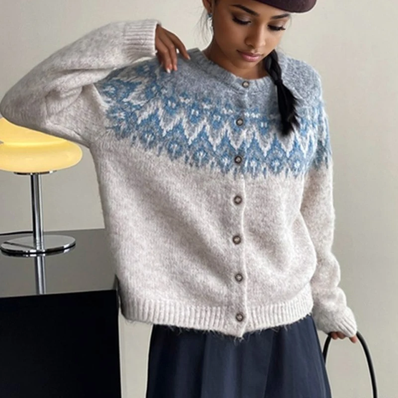 

Elegant Loose Cardigan Round Neck Printed Women Sweater Autumn Casual New Office Knitted Long Sleeve Coats Fashion Elegant Top