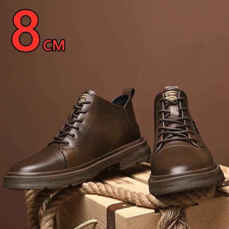 

Men Genuine Leather Heightening Shoes Comfort Lace Up Casual Elevator Shoes Commerce Breathable Height Increase Insole 8CM Sport
