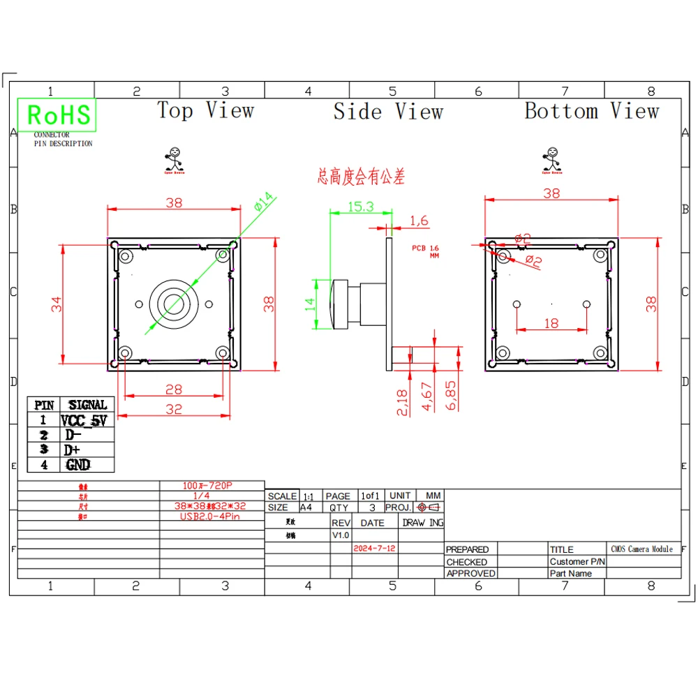 H63 Camera Module 50 95 190 Degrees 1MP 1280*720/60fps MIPI SPI DVP 1/4 Lens USB BUS Power For windows7/8/10/11/Linux,Android