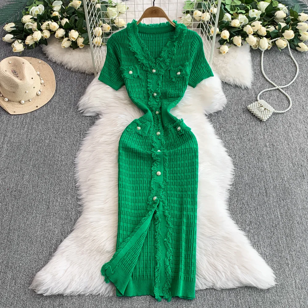 REALEFT Vintage Beadingปุ่มถักชุดสตรี 2025 ฤดูร้อนใหม่แขนสั้นVคอRuffles Single Breasted Wrap Dress