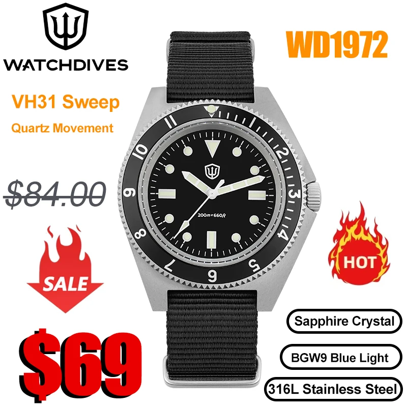 Watchdives WD1972 montre à Quartz VH31 balayage secondes mouvement saphir cristal BGW9 lumineux 20Bar étanche Vintage hommes montres