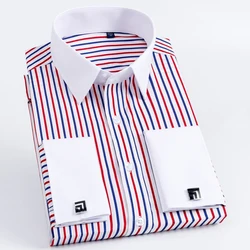 Men's Contrast Striped French Cuff Dress Shirt without Pocket Formal Business Long Sleeve Standard-fit Wedding Party Shirts
