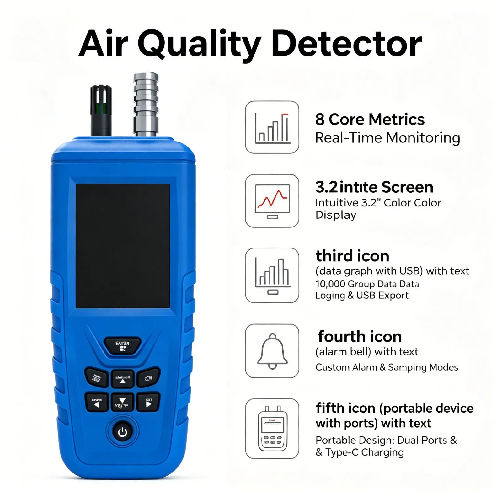 Air Quality Detector 10000 Groups Data Logging 3.2 Inch Screen Pump Sampling for Indoor Industrial Air Monitoring FCC