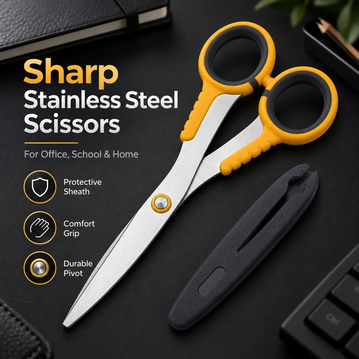 Stainless Steel Kids Scissors with Safety Cover, Student Stationery Scissors, Office Straight Scissors for Home and School