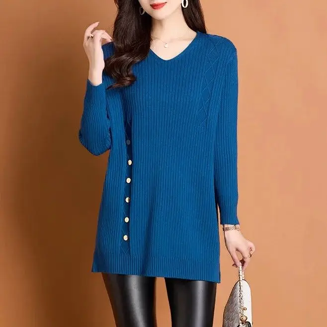 المرأة الكورية فضفاضة الخامس الرقبة متماسكة سترة الخريف الشتاء عادية كل مباراة البلوفرات القمم حجم كبير الصلبة منتصف طويلة فساتين سترة