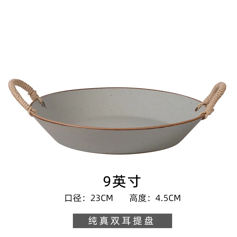 Braided Rope Handle Ceramic Plate Round Dinner Binaural Bowl Soup Fruit Salad Noodle Bowls Decorative Plates