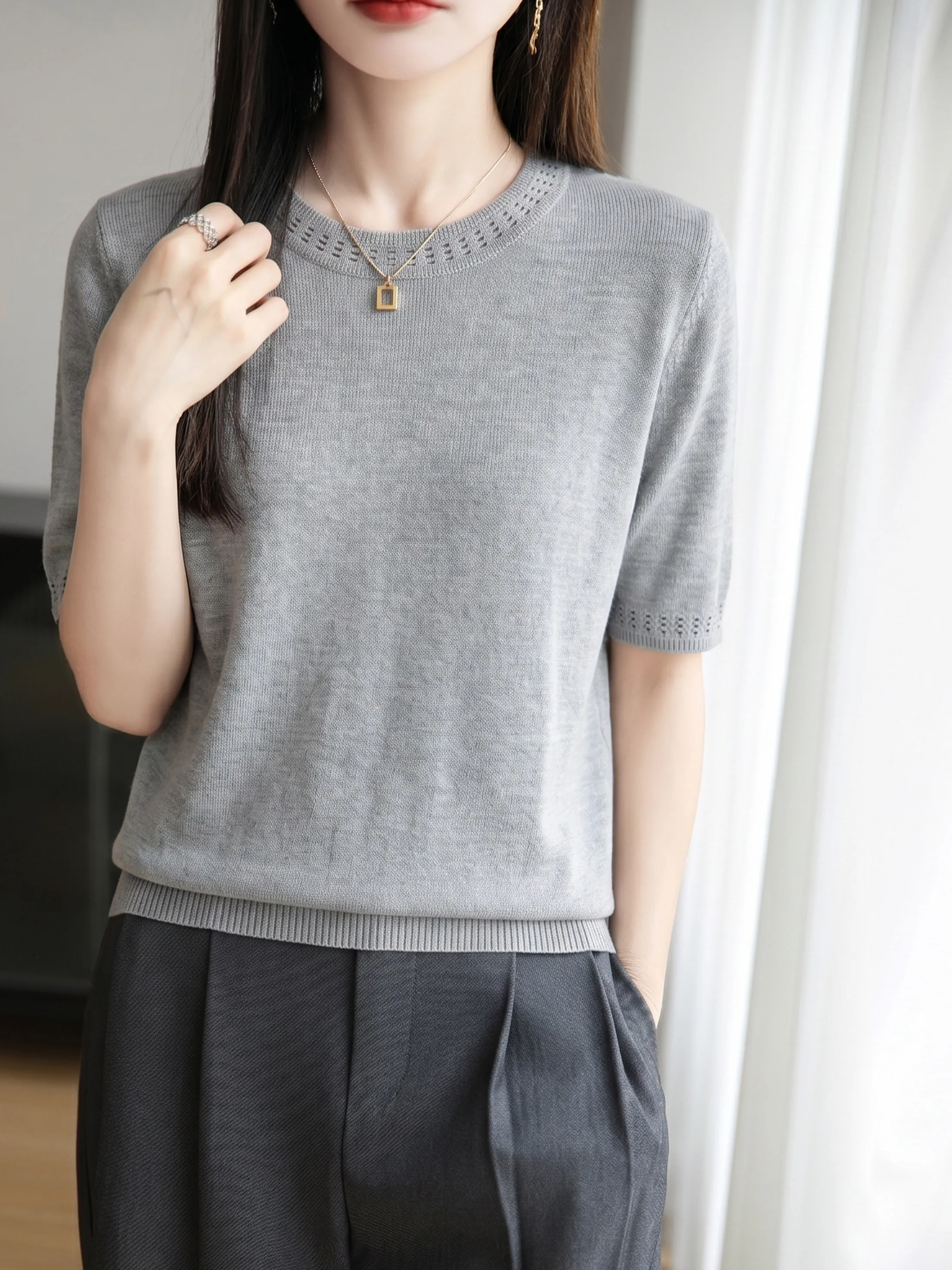 

Summer round Neck Hollow out Knitted Short Sleeve T-Shirt Women Loose Half Sleeve Overhead Pure Color Base Shirt Outerwear