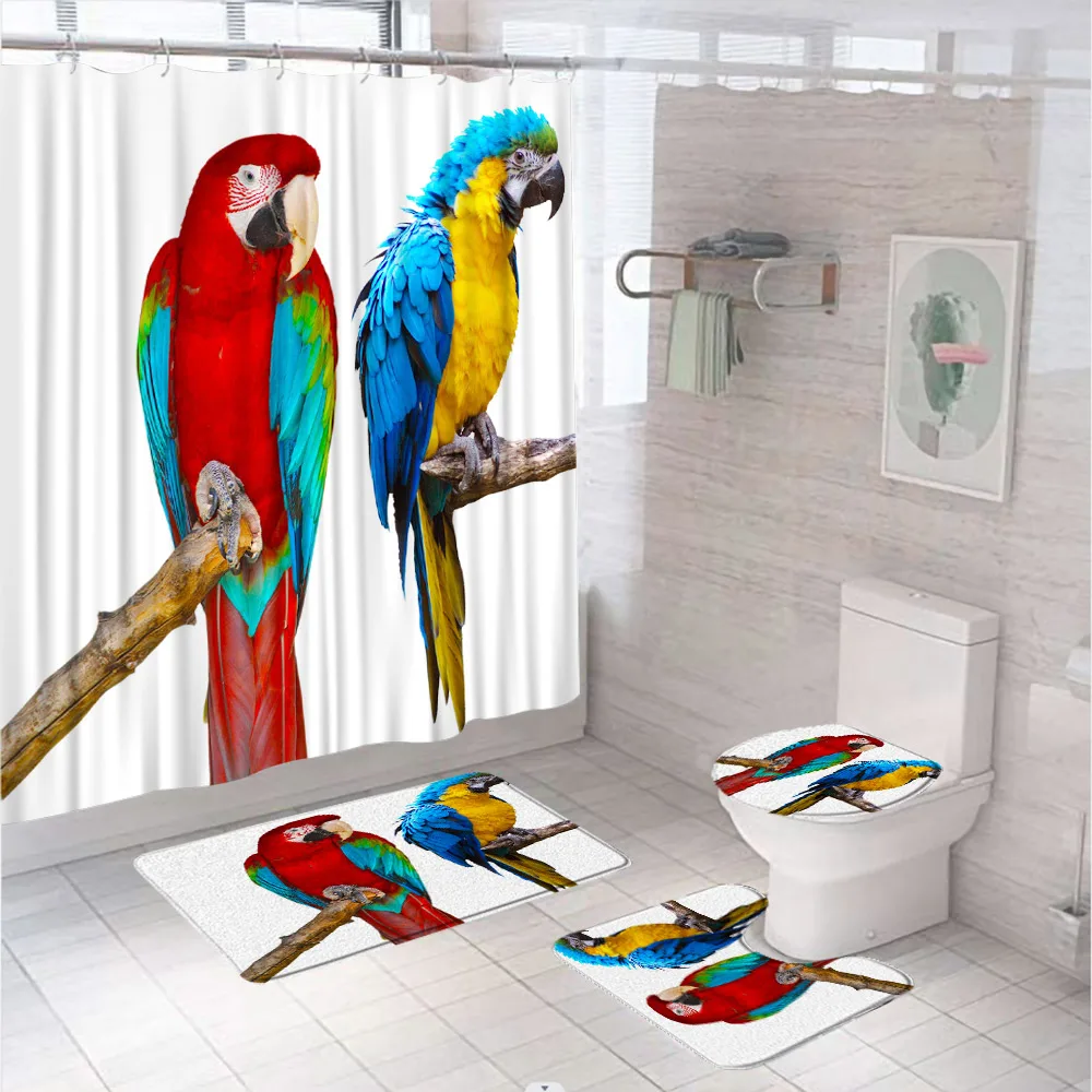 Colorful Cute Parrot Shower Curtain Set Funny Bird Branch Animal Bathroom Curtains Non-Slip Carpet Bath Mat Rug Toilet Lid Cover