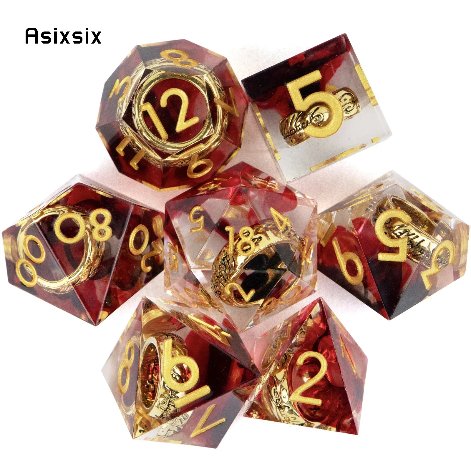 

7 Pcs Red Resin Ring Golden Number Sharp Edge Dice Polyhedral Dice Suitable For Role-Playing Dice TOY