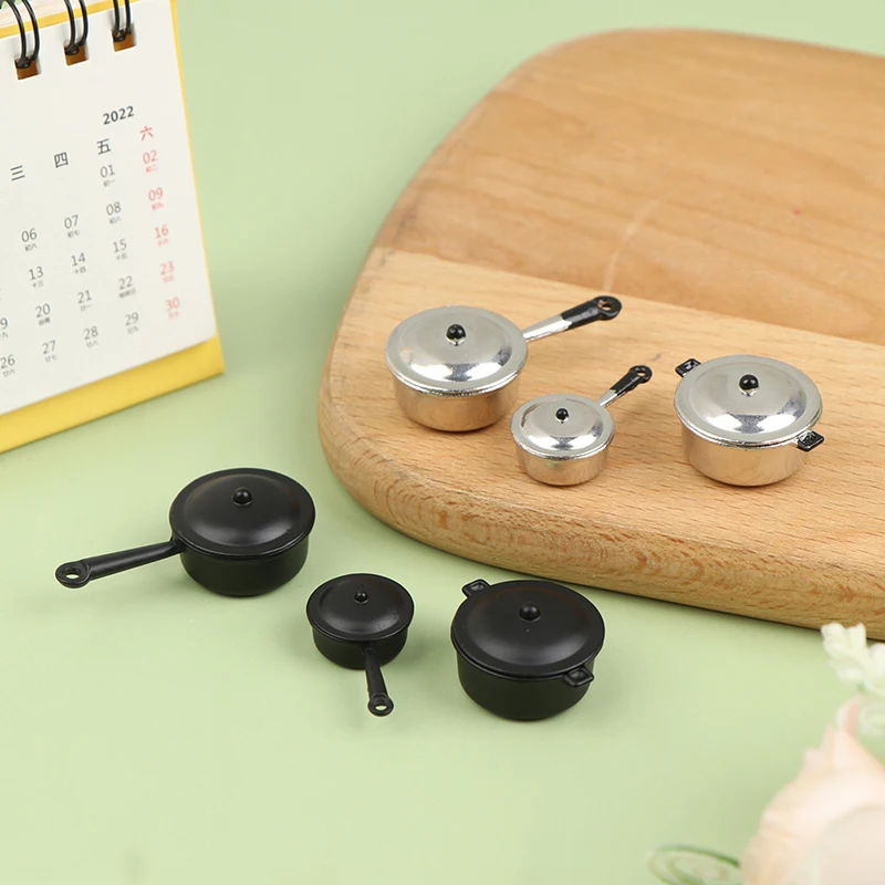 3pcs/Set 1:12 Dollhouse Miniature Frying Pan Casserole Metal Cookware Kitchen Model Decor Toy Doll House Accessories