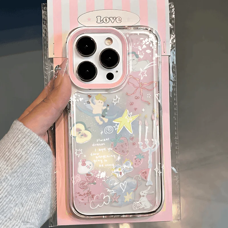 Cat Star Strawberry Bow Phone Case For iPhone 16 15 14 13 12 11 Mini Pro Max X XR XSMax 7 8 Plus Y2K Transparent Soft Back Cover