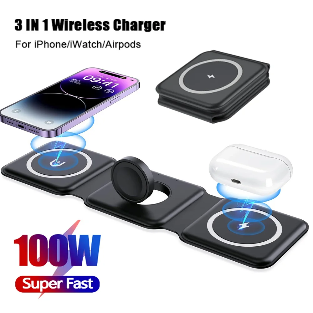 100W 3 in 1 Magnetic Portable Wireless Charger Pad for iPhone 15 14 13 12 Pro Max Apple Watch AirPods Fast Charging Dock Station