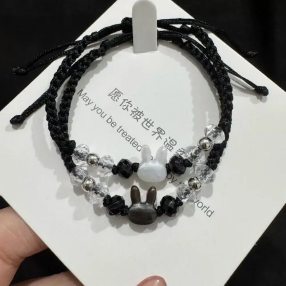 Minimalist Design Couple Bracelet Moonstone Obsidian Cute Rabbit Woven Bracelet Beaded Black White Cat Bracelet Friendship Gift