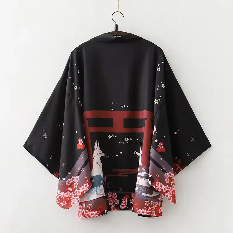 Fashion New Torii Gate Sakura Fox Print Haori Kimono Cardigan Wide Half Sleeve Open Coat Summer Casual Loose Unisex Tops