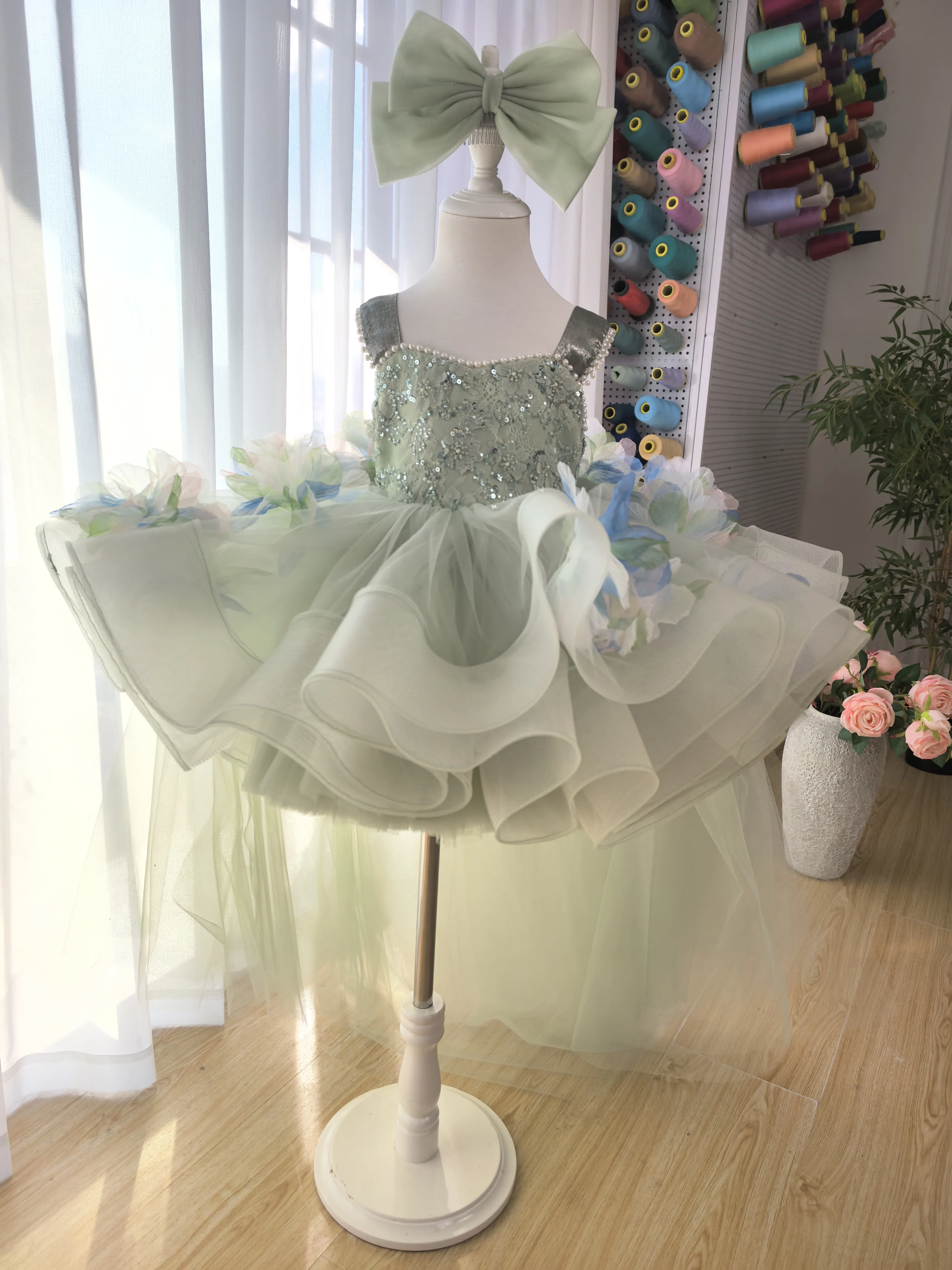 Girls Emerald Fairy Tale Princess Dress Puffy Tulle Tutu Long Tail Evening Gown Luxury Birthday Photoshoot Catwalk Formal Party