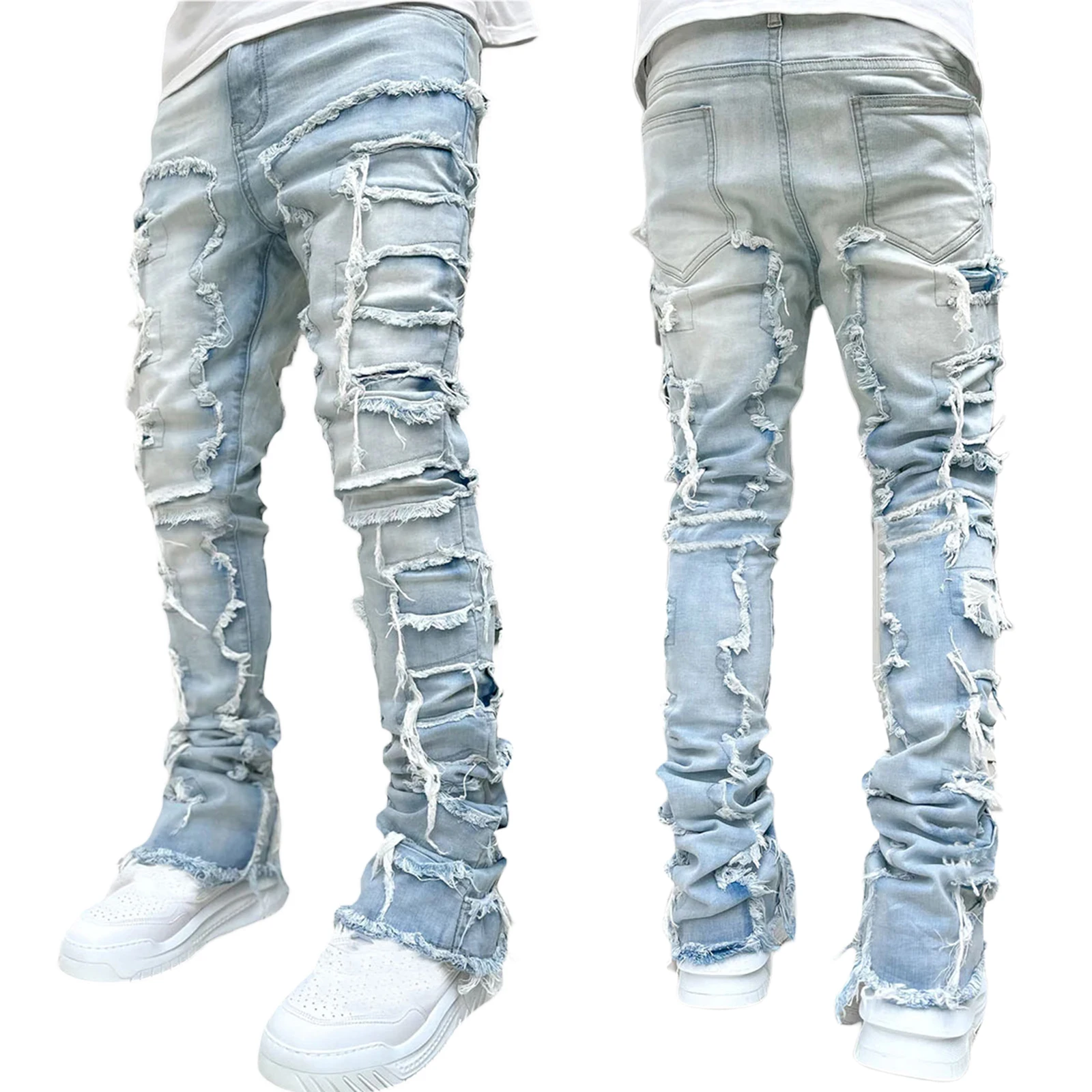 

Men 's Ripped Stacked Jeans Distressed Destroyed Skinny Demin Pants Slim Fit Trousers Aesthetic Fairy Shorts Streetwear