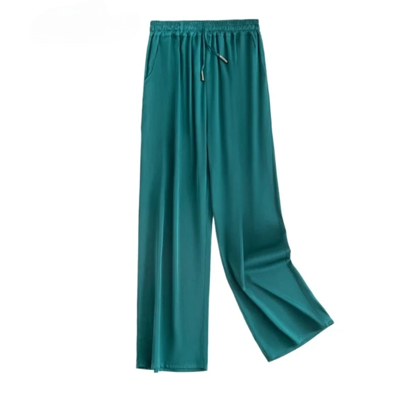 2025 Women's Early Autumn New Blue Green 93% Natural Mulberry Silk Elastic Double Qiao Satin Casual Versatile Straight Leg Pants