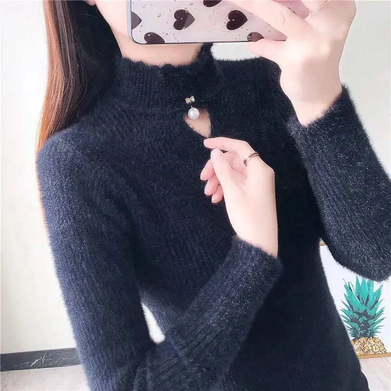 2023 New Fashion Half Turtleneck Sweater Autumn Winter Women\'s Long-sleeved Knitwear Solid Color Pullover Top Trending Sweater