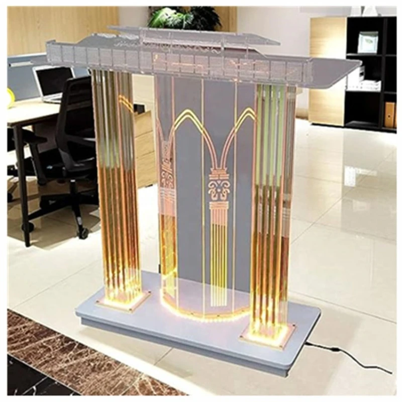 Acrylic Podium with Led Lights with Casters, Elevated Reading Desk,Transparent Podium for Church, Wedding, Office,Clear