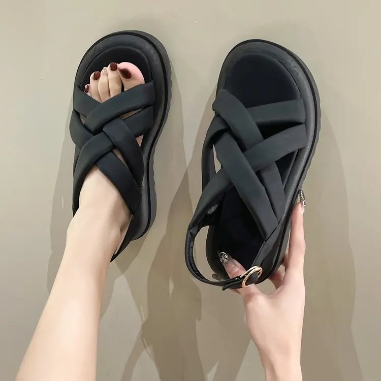 Cross Outside Sandals Black Shoes for Women Summer Heels Muffins shoe Open Toe Beige Girls Gladiator Retro Comfort Flat Low Fash