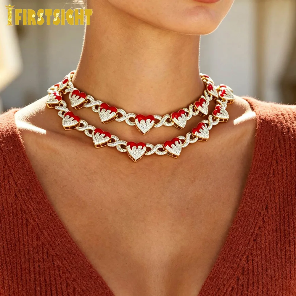 New Heart Infinity Cuban Chain Necklace Iced Out Bling Cubic Zirconia Red Enamel Hearts Charm Hip Hop Women Jewelry