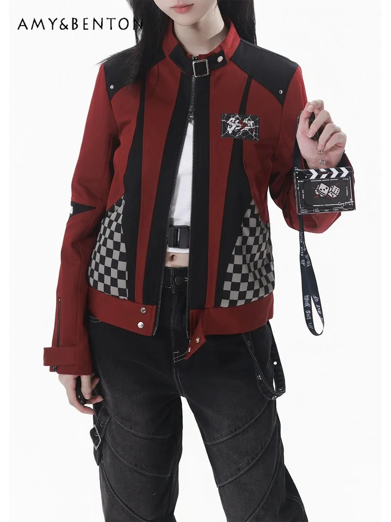 Sweet Cool Motorcycle Style Hot Girl Red and Black Patchwork Top Jeans Sets Gothic Y2K High Waist Straight Pants Short Jackets