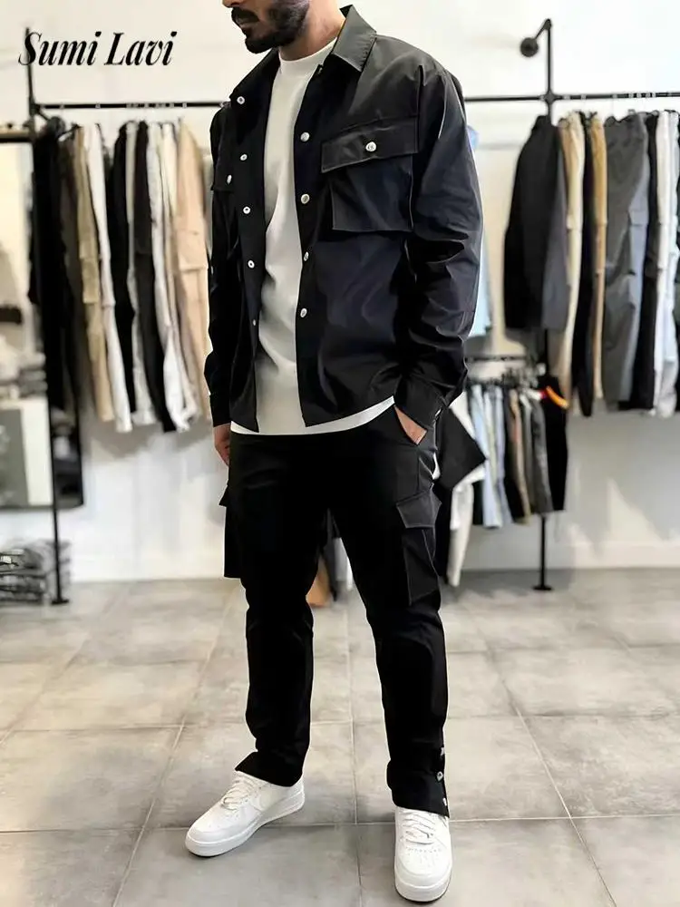 

Vintage Buttoned Lapel Jackets And Pants Mens Outfits Spring Autumn Outdoor Casual Multi Pockets Cargo Two Piece Suits For Men