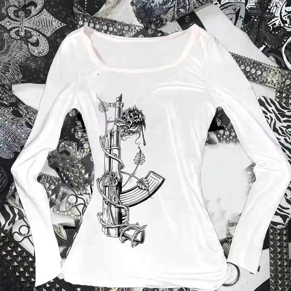 

European and American style fashion mechanical pattern printed T-shirt women's clothing long sleeved loose T-shirt street wear s