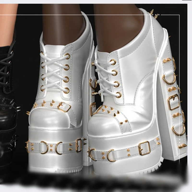 Black Buckle Lace Up Shallow Boots Thin High Heel Platform Fashion Sexy Cool 2024 Winter Big Size Woman Shoes Zapatillas Mujer