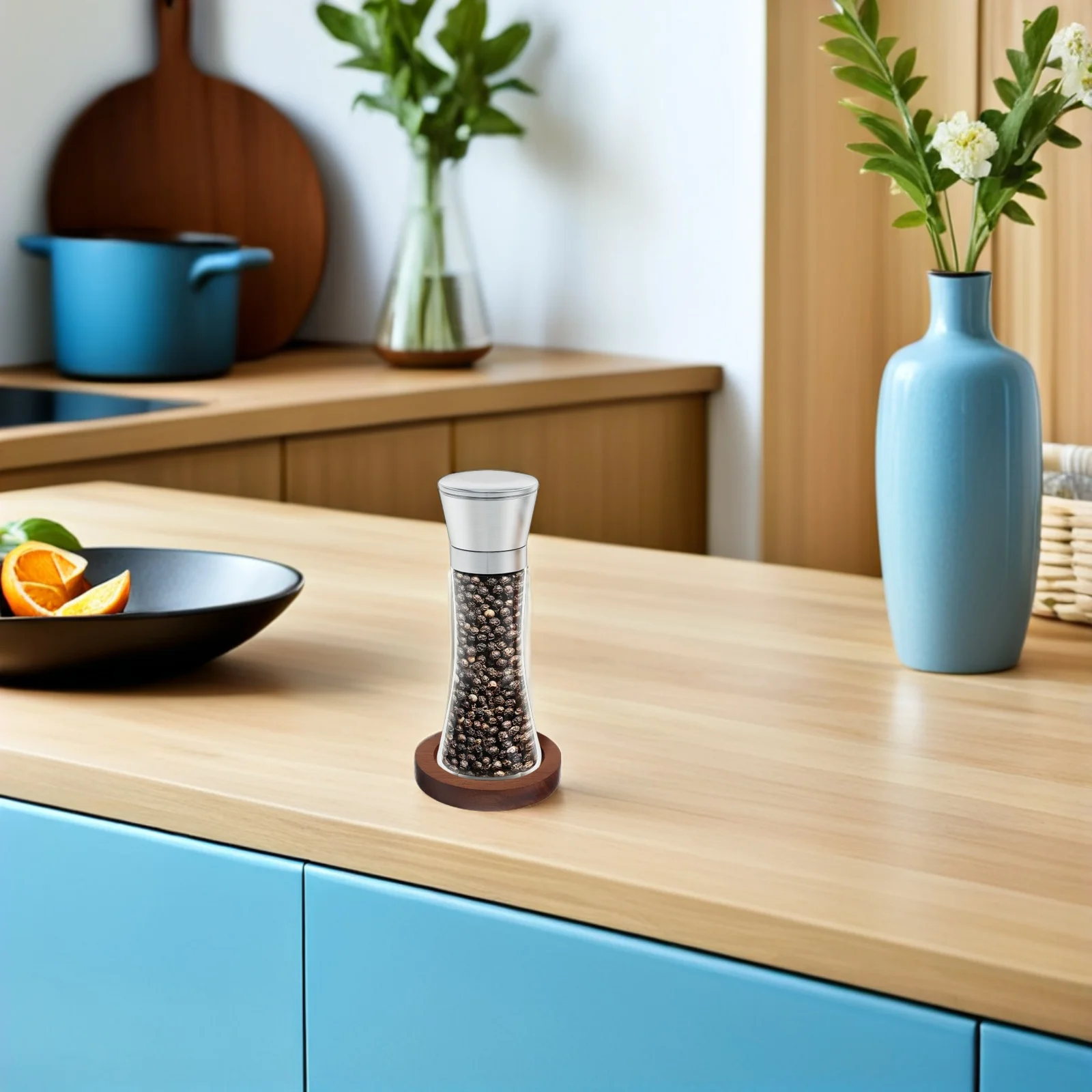 

Salt Pepper Mill Base Acacia Wood Round Tray Manual Coffee Grinder Stand Spice Jar Holder Pepper Shaker Organizer Kitchen Tray
