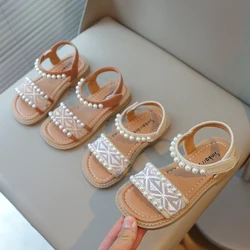 Girls Pearls Sandals Beaded Lace Breathable Soft Sweet Princess Kids Summer Beach Sandals Children Flat Shoes 2024 New Chic Cute
