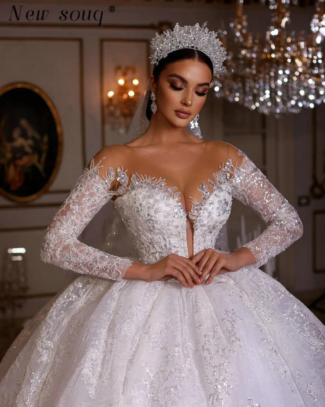 

Dubai Luxury Long Sleeves Wedding Dresses for Women 2023 Sparkly Sequins Lace Bridal Gowns Fluffy Ball Gown Robes De Marrie