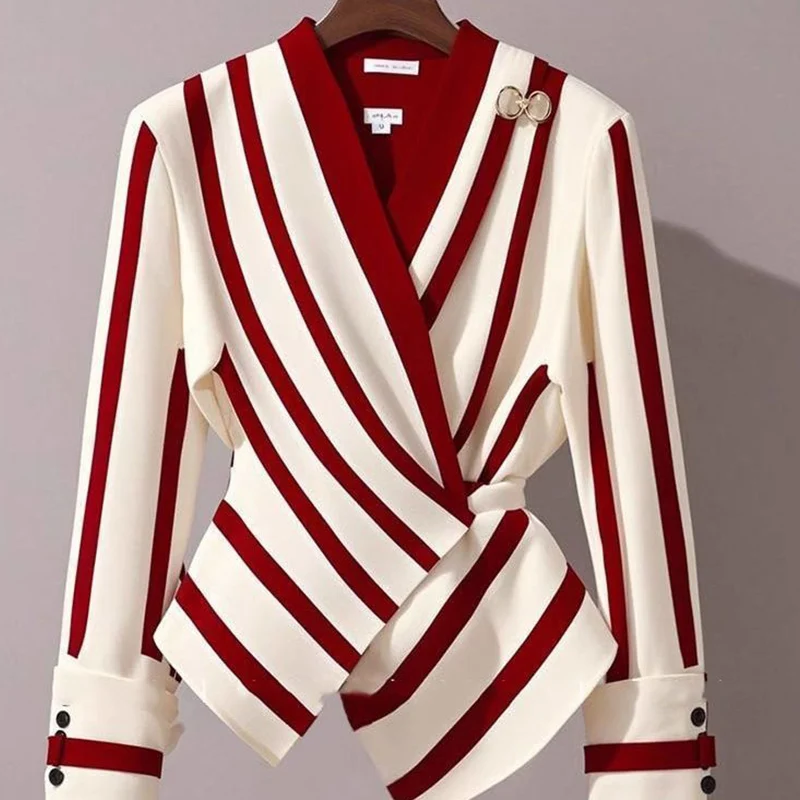 Autumn High-end Luxury Long Sleeve Blouse Korean Femme Fashion V-neck Striped Shirts Women Clothing Fashionable Irregular Tops