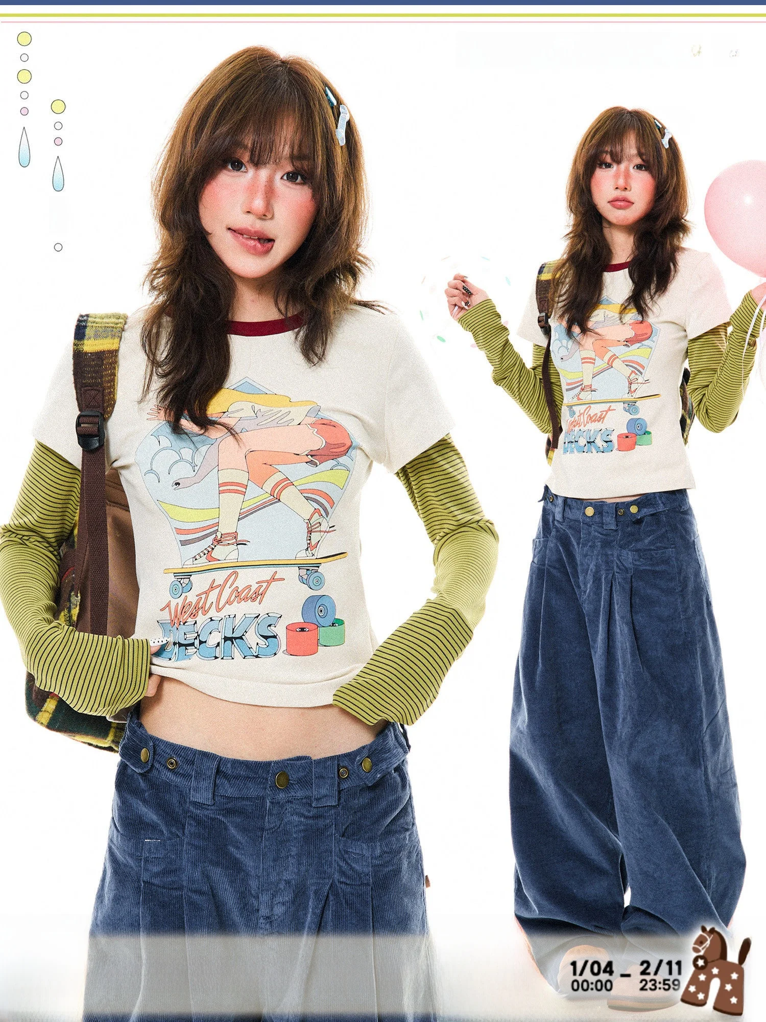 

Женская футболка Young Stage с длинным рукавом, весенняя, облегающая, базовый слой, с мультяшным принтом, комплект из двух предметов, мягкая, удобная, хлопковая