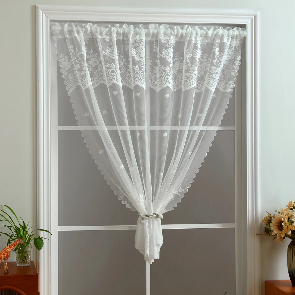 1pc White Lace Short Curtain, Rod Pocket, Sweet Coffee Lace Small Curtain, for Small Windows and Door Decor, Protecting Privacy