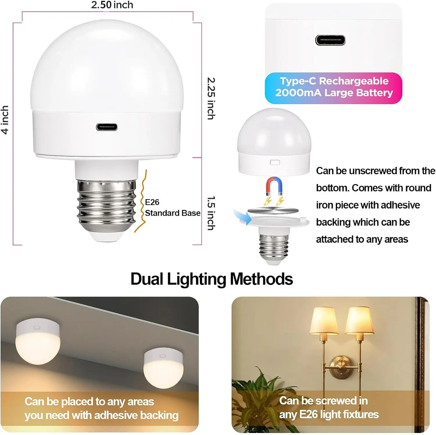 Rechargeable Battery Operated LED Light Bulb with Remote E26 E27 Detachable Charging Puck Emergency Lamp